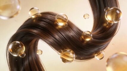 Obraz premium Dark brown wavy hair interweaves with golden nourishing liquid bubbles, delicately showing the deep nourishment and glossy texture of hair care, making it a material image suitable for hair, hair qual