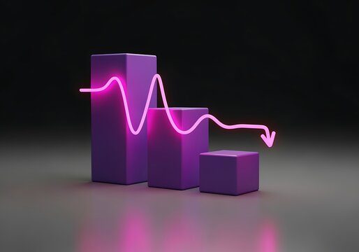 Purple 3D bars with pink neon line graph trending down  business finance statistics concept