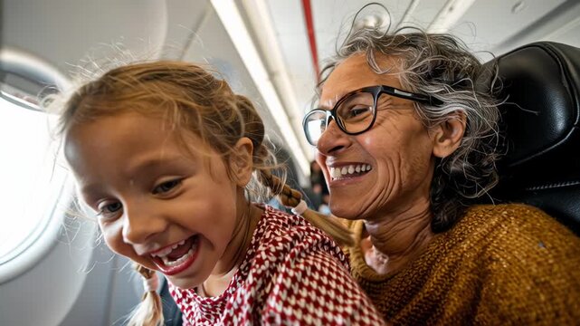 Caucasian mother daughter smiling aboard airplane, cheerful family travel moment captured amid red seats, mother wearing cozy red sweater, little girl in polka