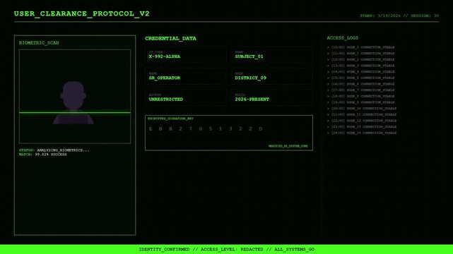 Futuristic Biometric Scan and Digital Security Interface for User Clearance Protocol.