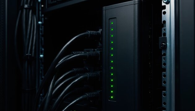 Medium shot of a vertical PDU inside a server rack with power cables connected and status LEDs glowing.