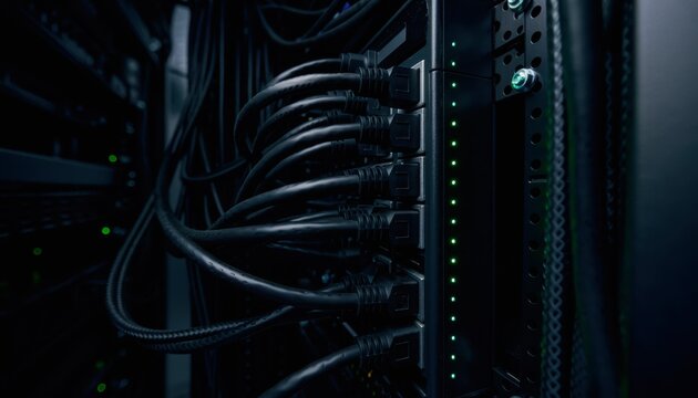 Medium shot of a vertical PDU inside a server rack with power cables connected and status LEDs glowing.