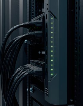 Medium shot of a vertical PDU inside a server rack with power cables connected and status LEDs glowing.