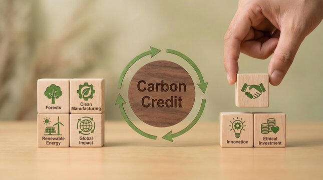 Carbon credit concept with green renewal cycle and sustainability icons.