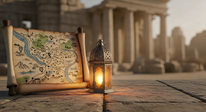 Ancient map and a lit lantern placed on weathered stone ruins, suggesting exploration, adventure, and historical discovery in a lost civilization.