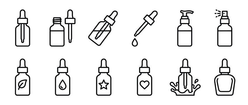 Twelve black outline cosmetic dropper bottle icons, including pump and spray bottles, with various symbols like a leaf, drop, star, and heart, presented in a clean, minimalist line art style