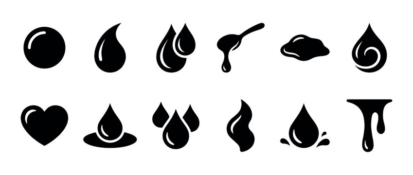 Twelve black silhouette liquid drop and splash icons are displayed, featuring various shapes like teardrops, puddles, and a heart, all with glossy highlights in a graphic, minimalist style