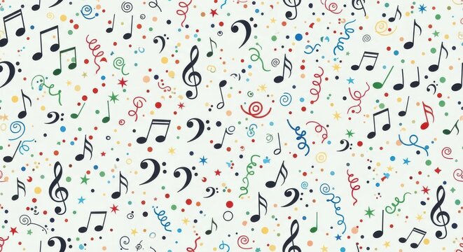 A colorful and lively background filled with various musical notes and symbols in different colors a