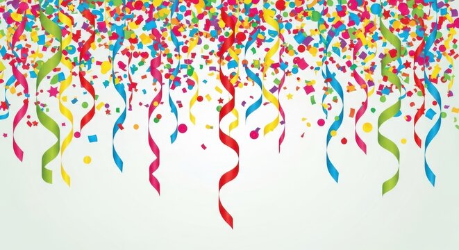 A colorful confetti and ribbon celebration background with copy space for text on a light green stud