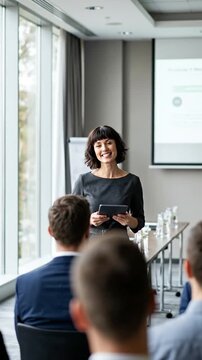 Professional Woman Leads Business Presentation with Digital Tablet in Modern Conference Room
