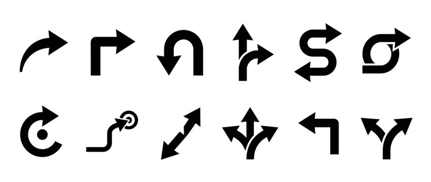Collection of diverse black arrow icons showcasing various directions, turns, loops, and splits in a clean, minimalist graphic style