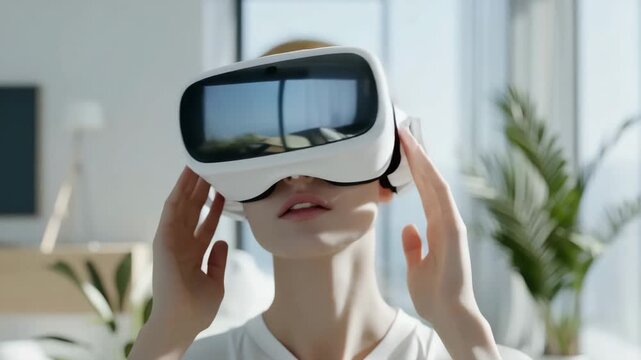 A person explores augmented reality glasses while in a bright living space. The activity showcases interaction with virtual elements in the environment