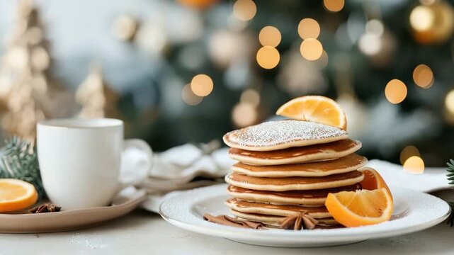 A table is set with a stack of pancakes, slices of oranges, and a cup of coffee. The background shows festive decorations. Morning time brings warmth and daily routines to life