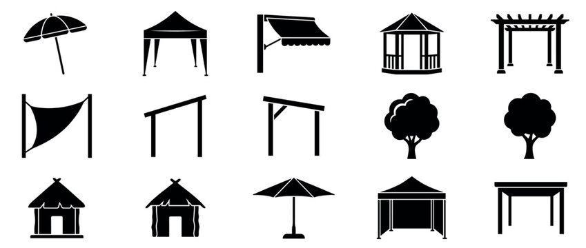 Collection of black silhouette outdoor structures and elements, including umbrellas, tents, gazebos, pergolas, and trees, presented as a flat icon set