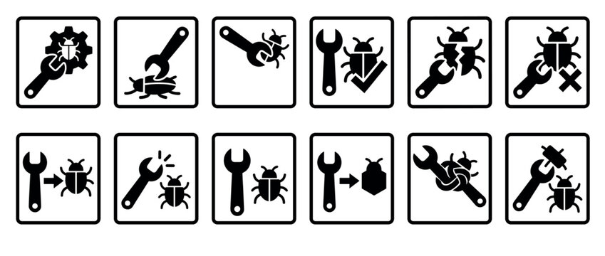 Twelve black and white bug fixing icons illustrating software development, maintenance, and problem-solving concepts in a clean, graphic, and informative style