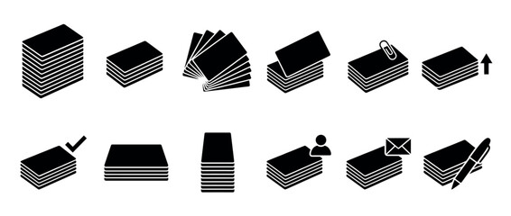 Fototapeta na wymiar Multiple black isometric icons of stacked cards and documents, some featuring symbols like a paperclip, arrow, checkmark, person, envelope, and pen, in a minimalist graphic style