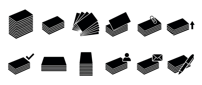 Multiple black isometric icons of stacked cards and documents, some featuring symbols like a paperclip, arrow, checkmark, person, envelope, and pen, in a minimalist graphic style