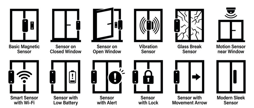 Twelve black and white graphic icons illustrating various window and door security sensors, depicted with minimalist design and clear visual representations of different functionalities