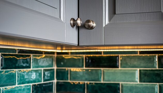 Modern Kitchen Cabinetry with Green Subway Tile Backsplash and Accent Lighting.
