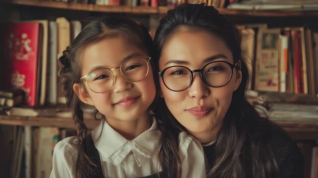 Portrait of a mother and daughter ready for the new school year, showcasing their bond and dedication to education in a cozy library setting