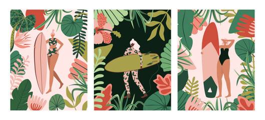 3 Postcards with Surfer Girls and Tropical Plants. Summer illustration for printing on a T shirt, postcard, pillow, poster, textile and more. Vector illustration in handdrawn style. © Caramela