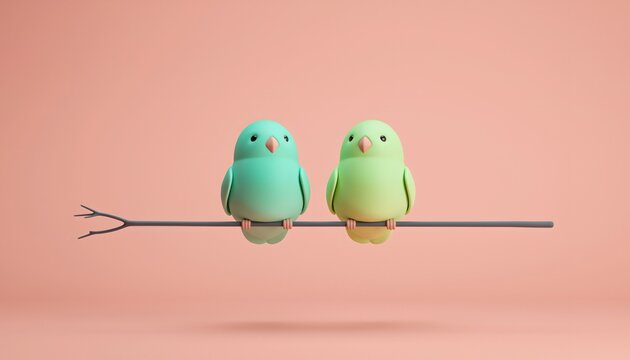 Two cute cartoon birds sitting on a branch against a pink background.