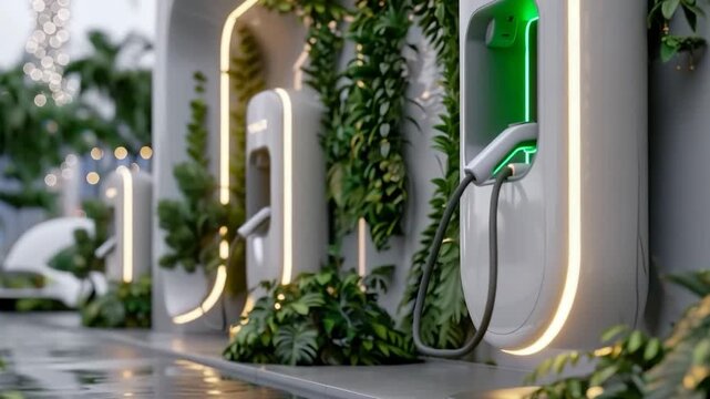 The charging station features several chargers connected to electric cars. The area is designed with greenery and has bright lights. It shows modern technology in action