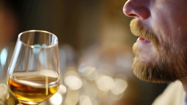 Professional sommelier evaluates white wine during a tasting event in an upscale wine bar on a quiet evening