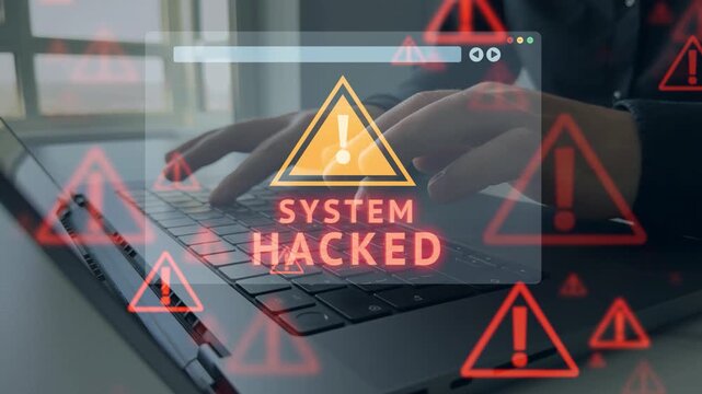 System warning alert signals critical security issue. Scene reflects strong cybersecurity protection.Suspicious activity shows possible breach. Monitoring tools detect threats in real time.	