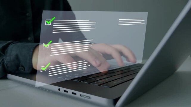 Businessman check virtual electronic documents and checklist approve. Business productivity checklist and filling survey form.Fast checklist and clipboard task Business performance checklist document.