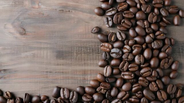 Coffee beans are lined up neatly on one edge of a wooden surface. The natural texture of the wood shows through as the beans create a simple design