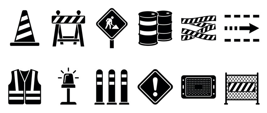 Various black silhouette construction and road safety icons, including cones, barriers, warning signs, and safety equipment, presented in a clean graphic style