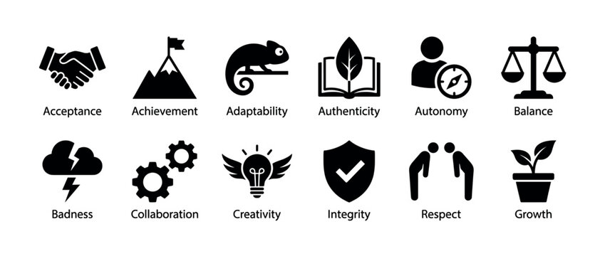 Collection of black vector icons representing various business and personal values, each with its descriptive word below, presented in a minimalist graphic style