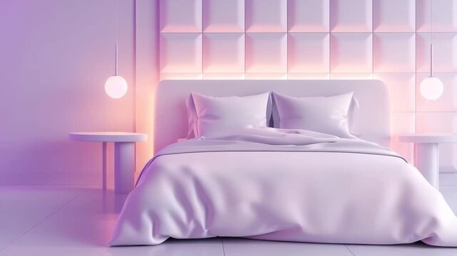 View a futuristic bedroom with a simple layout featuring a white bed, soft pillows, and gentle lighting. This space offers an inviting environment for relaxation and rest