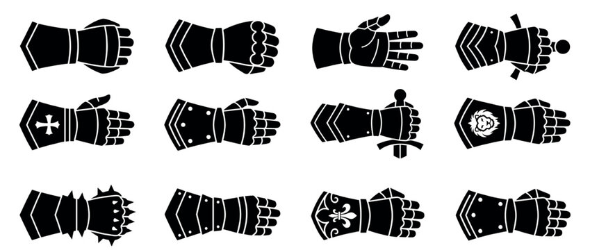 Twelve black silhouette medieval gauntlets and armored hands are depicted in various poses, some holding swords or featuring decorative emblems, presented in a flat iconic style