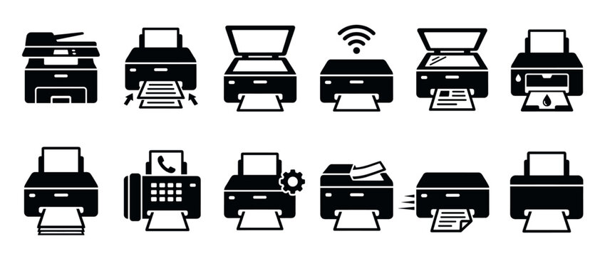 Collection of black glyph printer and office machine icons depicting various functions like printing, scanning, copying, and wireless connectivity in a modern, minimalist style