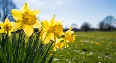 Fototapeta premium A cluster of vibrant yellow daffodils blooming in a sunny meadow during the bright spring season