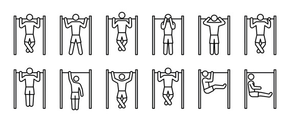 Obraz premium Collection of line art icons depicting people exercising on a horizontal bar, showcasing various fitness movements in a clean, minimalist outline style