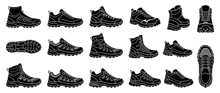 Collection of black outdoor hiking and trekking shoes, presented as detailed graphic silhouettes from various angles, showcasing rugged soles and durable designs