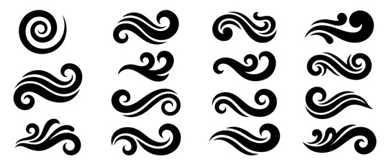 Fototapeta premium Collection of black stylized swirl and wave vector elements featuring various organic, fluid, and decorative shapes with smooth flowing lines