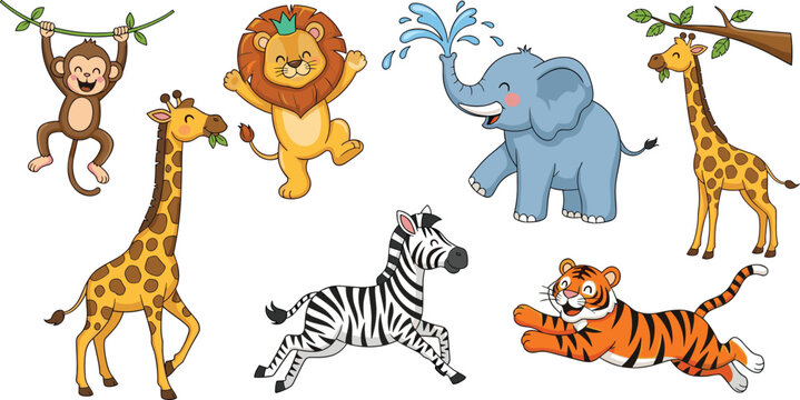 Cute jungle animal collection with monkey swinging elephant playing tiger jumping giraffe eating and running zebra in happy cartoon style for children nursery and school projects.