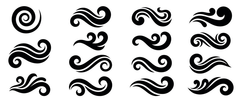 Collection of black stylized swirl and wave vector elements featuring various organic, fluid, and decorative shapes with smooth flowing lines