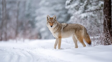 Obraz premium Lone coyote trekking through a snow-covered Canadian forest in winter