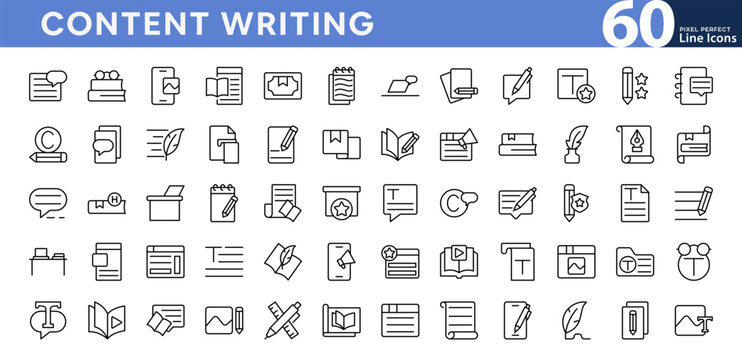 Content Writing line con set. Blog post, articles, story, creativity, pens, laptops, vibrant, innovative, notebook, editing vector icons. Editable stroke