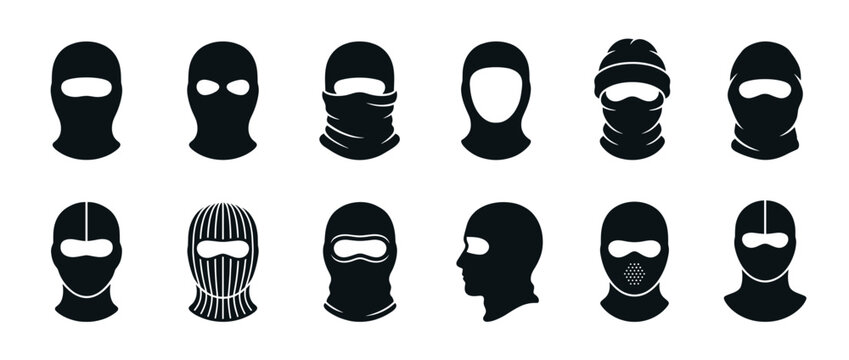 Collection of various black balaclavas and ski masks displayed as minimalist flat vector icons, showcasing different designs, eye openings, and head coverings in a clean, graphic style