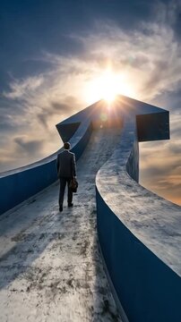 Businessman climbs arrow-shaped path towards bright sun, symbolizing success and ambition