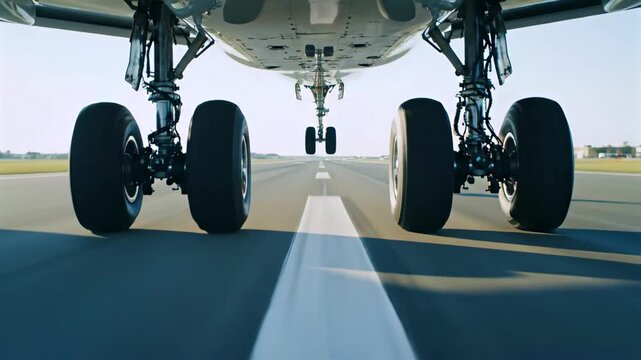 Aircraft landing gear lifting from runway during takeoff, low-angle view captures wheels leaving asphalt at high speed, powerful jet acceleration, aviation energy and precise flight departure moment