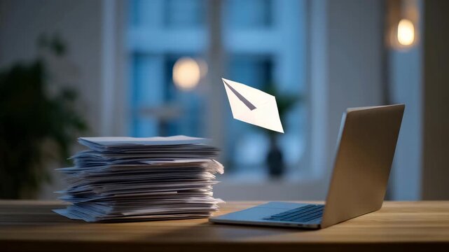 Accelerator rejection letter pile beside laptop, single acceptance email glowing on screen, minimalist studio desk setup, ideal for program selection, application process, and modern competitive