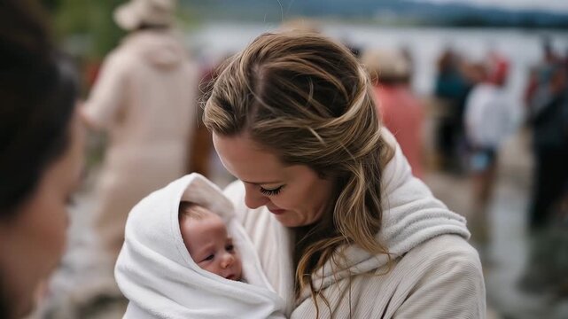 Baptism celebration continues at lakeside picnic, wet infant wrapped in towel surrounded by joyful extended family, spring wildflowers dot grassy shore, ideal for Christian sacrament and modern