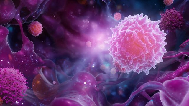 Pink immune cells in tumor microenvironment showing lymphocyte and macrophage engagement, collagenous stroma and extracellular matrix fibers, cytokine gradients